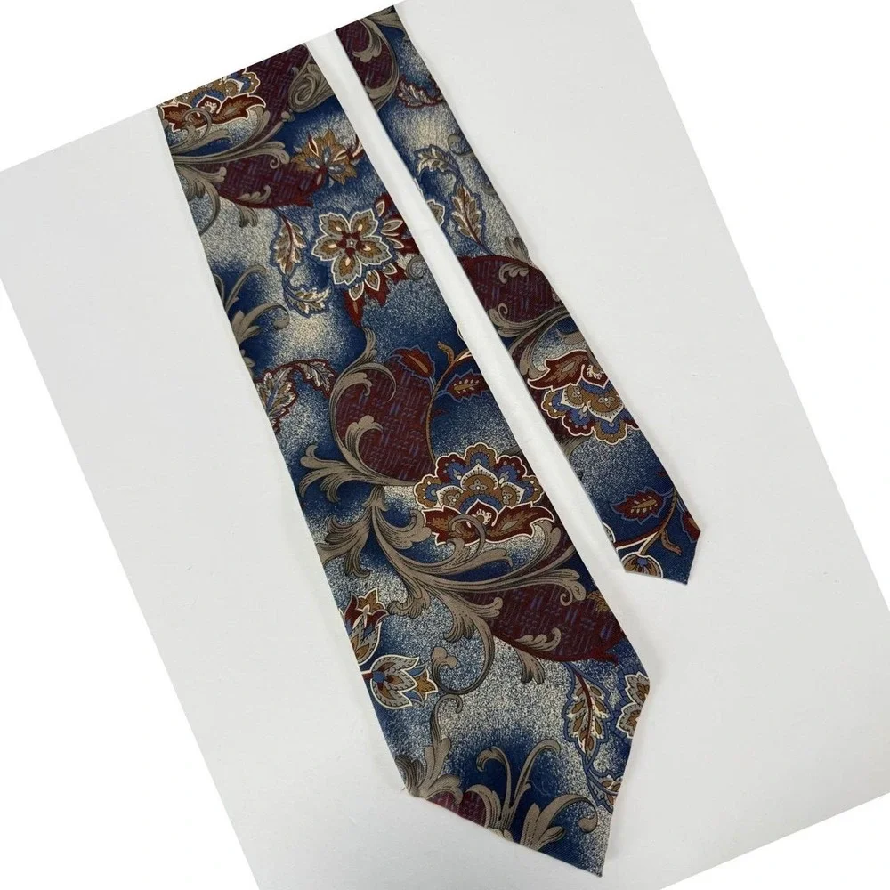 Robert Stock Necktie Sandwashed Silk Men Blue Floral Paisley Silk Vintage Dandy